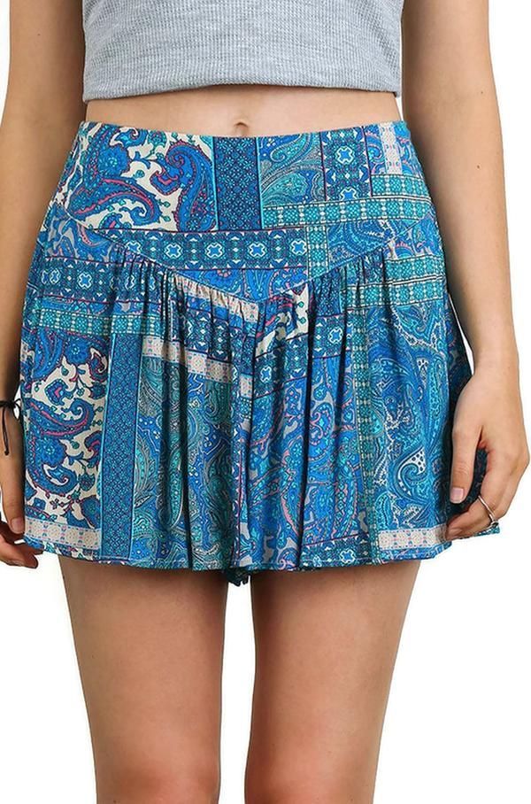 Bohemian Printed Shorts, Aqua Cheap Blue Bohemian Shorts, Cheap Bohemian Women's Shorts, Affordable Bohemian Shorts For Vacation, Cheap Bohemian Beach Bottoms, Cheap Bohemian Mini Bottoms, Cheap Bohemian Mini-length Bottoms, Cheap Bohemian Style Shorts For Festival, Cheap Bohemian Shorts For Festival, Cheap Bohemian Festival Shorts