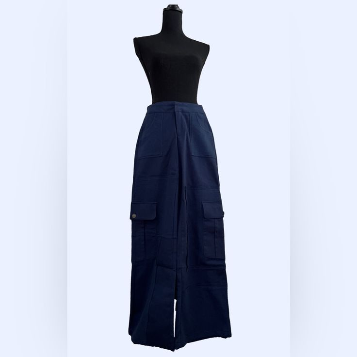 Labled As Us Women Size Xxs Non Stretch Fabric Waist (Flat) 13” Hip (Flat) 17”-18.5” Inseam; 31.5” Length; 40.5” Fitted Blue Bottoms With Hip Pockets, Blue Cotton Cargo Pants, Fitted Denim Blue Cargo Pants, Blue Cotton Cargo Style Pants, Fitted Denim Blue Cargo Pants With Pockets, Casual Navy Wide Leg Pants With Pockets, Blue Cotton Utility Pants, Blue Full-length Cargo Pants With Side Pockets, Utility Wide Leg Blue Bottoms