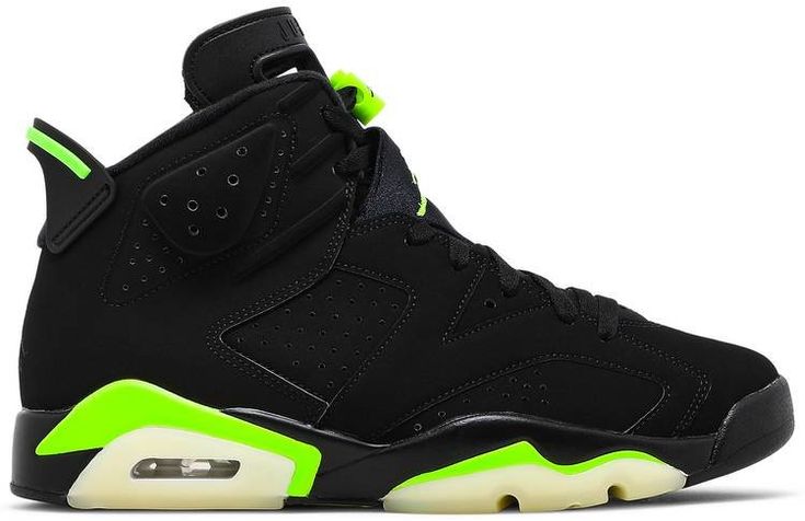 The Air Jordan 6 Retro ‘Electric Green’ showcases a simplistic two-tone color scheme that calls to mind an Oregon PE colorway that surfaced online in 2018. The iconic silhouette sports a black nubuck upper with contrasting hits of neon green on the tongue and spoiler-like pull tab. Tonal Jumpman branding is embroidered on the sneaker’s [...] Zapatillas Nike Air Force, Adidas Human Race, Nike Air Tailwind, Green Jordans, Jordan Retro 6, Air Jordan 6 Retro, New Nike Air Force, Nike Air Jordan 6, Jordan 6 Retro