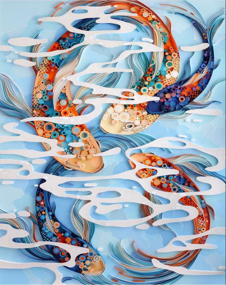 an abstract painting of two fish swimming in the water