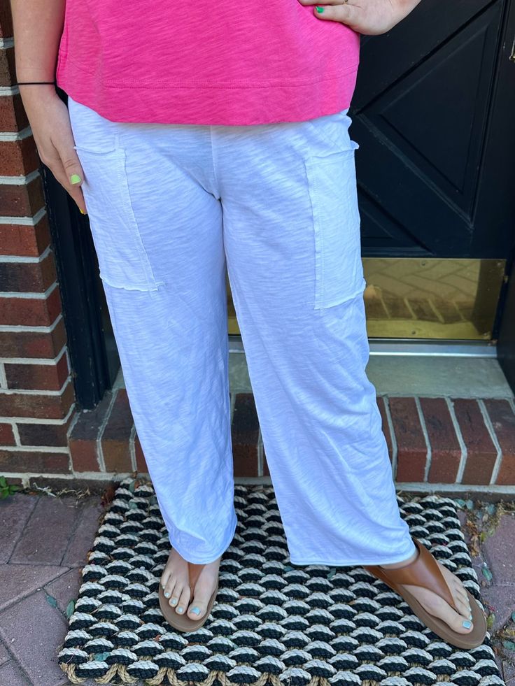 White is always the perfect color for vacation or summer! Elastic waistband 2 Deep Pockets Relaxed wide-leg fit 26" In-seam Fabric: 100% Slub (lightweight) Cotton Features: Pre-Shrunk Machine wash cold, inside out with like colors, do not bleach. Tumble dry on low. Sizing XS S M L XL XXL 2-4 6-8 10-12 14-16 18 20 Comfortable Lightweight Relaxed Fit Bottoms, Comfortable Lightweight Bottoms With Relaxed Fit, Comfortable Summer Pants, Lightweight Cotton Casual Bottoms, Solid Lightweight Bottoms With Relaxed Fit, White Vacation Bottoms With Side Pockets, Comfortable Wide Leg Pants With Pockets For Summer, Comfortable Summer Wide Leg Pants With Pockets, Comfortable White Summer Pants