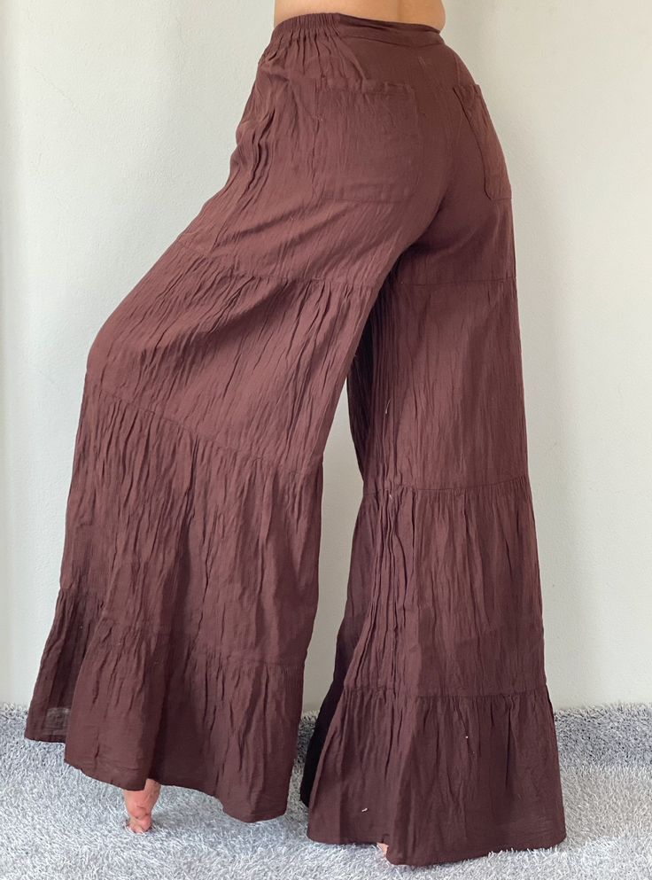 "Wide Leg Style Lady Pants with elastic waistband. Cotton/Rayon Blend Measurement: Waist: 30-40\" Hip: up to 46\" Length: 42\" Inseam: 28\" Ankle 34\" Shipping & Handling ❤️❤️❤️ Parcels will be ship via DHL Express ❤️❤️❤️❤️ Shipping : - All item will be shipped in 1 business days after receiving payment. We ship item via DHL Express. We use registered shipment for every product of ours. You can always track whereabouts it is and what happens to the item. We will always declare the package as Casual Brown Wide Leg Full Length Pants, Casual Brown Full Length Wide Leg Pants, Casual Brown Wide Leg Full-length Pants, Loosely Fitted Brown Bottoms With Elastic Waistband, High Waist Brown Cotton Wide Leg Pants, Full Length Rayon Pants With Elastic Waistband, Brown Bottoms With Elastic Waistband And Loosely Fitted Hips, Brown Harem Pants With Elastic Waistband, Brown Trousers With Elastic Waistband