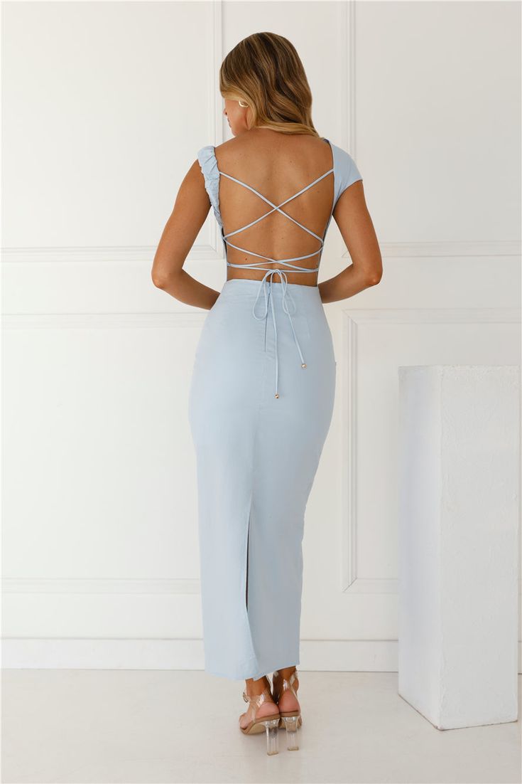 Length from shoulder to hem of size S: 137cm. Chest: 38cm, Waist: 33cm, across front only of size S. Maxi dress. Semi-lined. Model is a standard XS and is wearing size XS. True to size. Stretch. Asymmetric neckline. Crisscross tie-up back. Gathered details. Zipper, hook eye closure. Cold hand wash only. Cotton/Spandex. Lovely, this style is chic and sophisticated. The Music Under Moonlight Maxi Dress features an asymmetric neckline and a crisscross back design. Style with heels to turn heads in Fitted Long Backless Dress With Tie Back, Tie Back Midi Evening Dress, Tie Back Midi Dress For Evening, Midi Length Tie Back Dress For Evening, Fitted Midi Backless Dress With Back Zipper, Midi Length Tie Back Dress For Prom, Midi Length Tie Back Prom Dress, Prom Midi Dress With Tie Back, Light Blue Lined Midi Dress