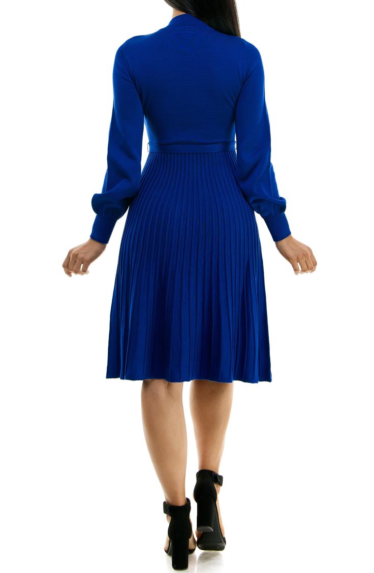 A tonal sash accentuates your figure in a long-sleeve sweater dress with a flattering fit-and-flare profile. 41 1/2" length Mock neck
 Long sleeves 78% rayon, 22% polyester Machine wash, tumble dry Imported Model stats: 5'10" height, 32" bust, 25" waist, 36" hip. Chic Pleated Long Sleeve Dress For Winter, Fitted A-line Long Sleeve Dress For Fall, Flattering Stretch Dresses For Fall, Fall Stretch Sweater Dress Midi Length, Flattering V-neck Midi Dress For Fall, Flattering Stretch Midi Dress With Long Sleeves, Elegant Long Sleeve Stretch Dress For Fall, Fitted Long Sleeve A-line Dress For Winter, Long Sleeve Fitted Pleated Dress