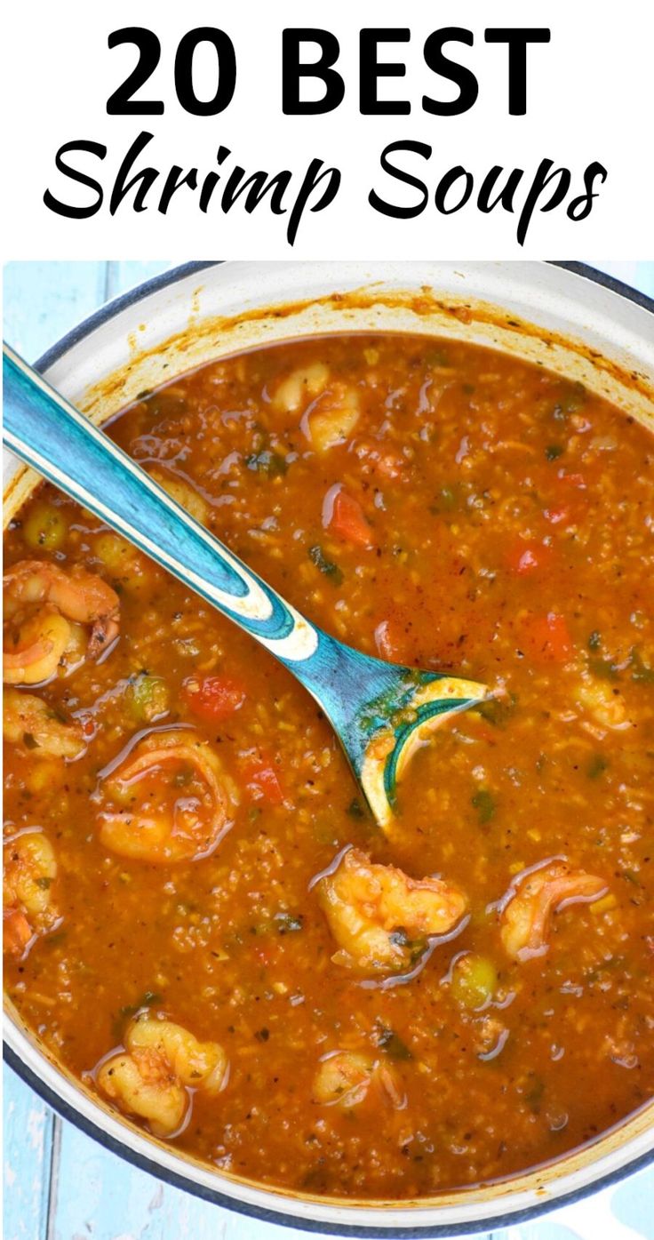 the best shrimp soup recipe in a pot with text overlay