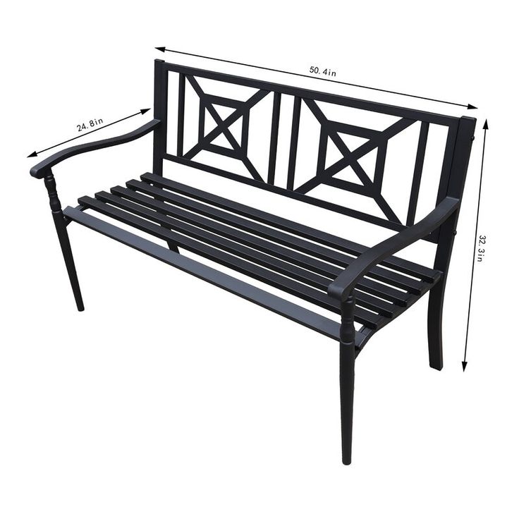 a black metal bench with measurements for the back and armrests, sitting on a white background