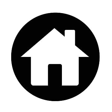 a black and white image of a house in a circle with an arrow pointing up