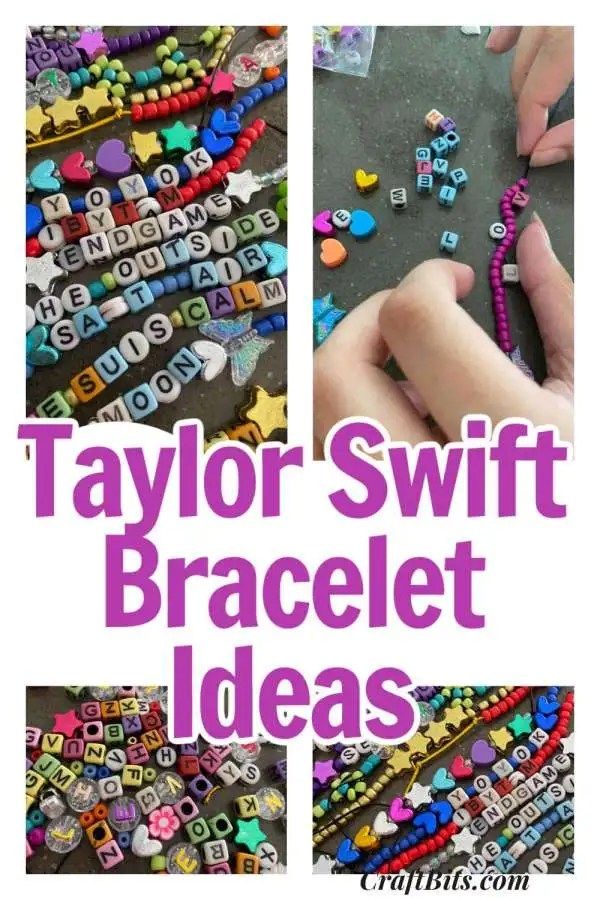 the words taylor swift bracelet ideas are shown in three different pictures, including beads and letters