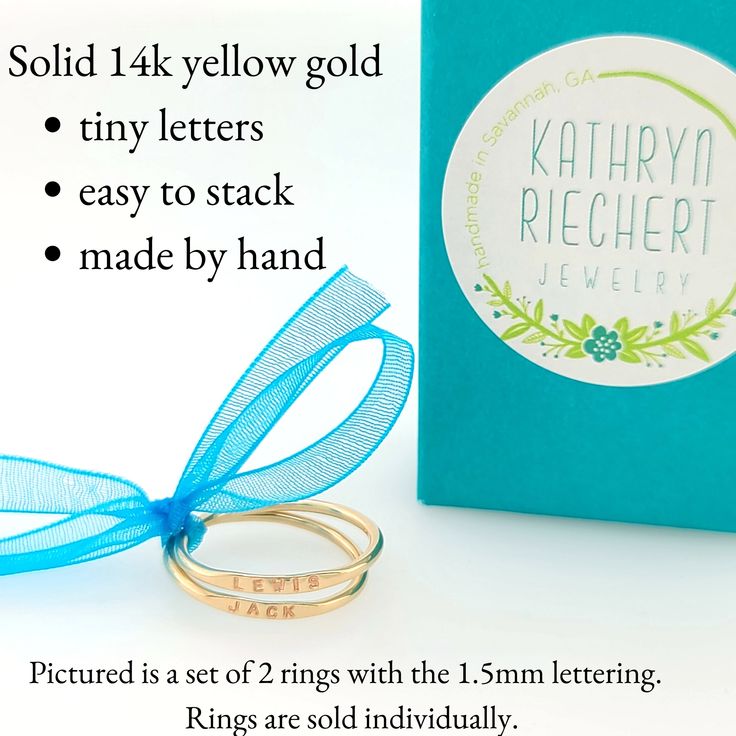 Now in solid 14k yellow and rose gold! These rings are not plated and are made of solid gold!These dainty gold stacking rings are perfect for personalizing with your children's names, dates, or a meaningful word of your choice. I have designed them to be minimal and small to make them easy to wear and more personal for the wearer.They are created from solid 14k gold. I use round wire to create the band, but forge a small section at the top flat. It is on this flattened area that I hand stamp the 14k Gold Filled Midi Rings Gift, Delicate 14k Gold Filled Stackable Rings As Gift, 14k Gold Hypoallergenic Stackable Rings For Promise, Tiny 14k Gold Stackable Rings For Gifts, Tiny Stackable 14k Gold Rings As Gift, Dainty Stackable Rings Gift, Dainty Stackable Rings As Gift, 14k Gold Filled Stackable Midi Rings As Gift, Stackable 14k Gold Filled Midi Rings As Gift