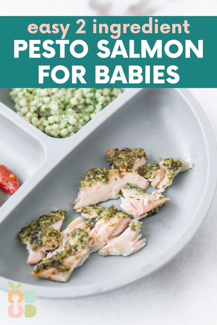 the cover of easy 2 ingredient pesto salmon for babies with broccoli and tomatoes