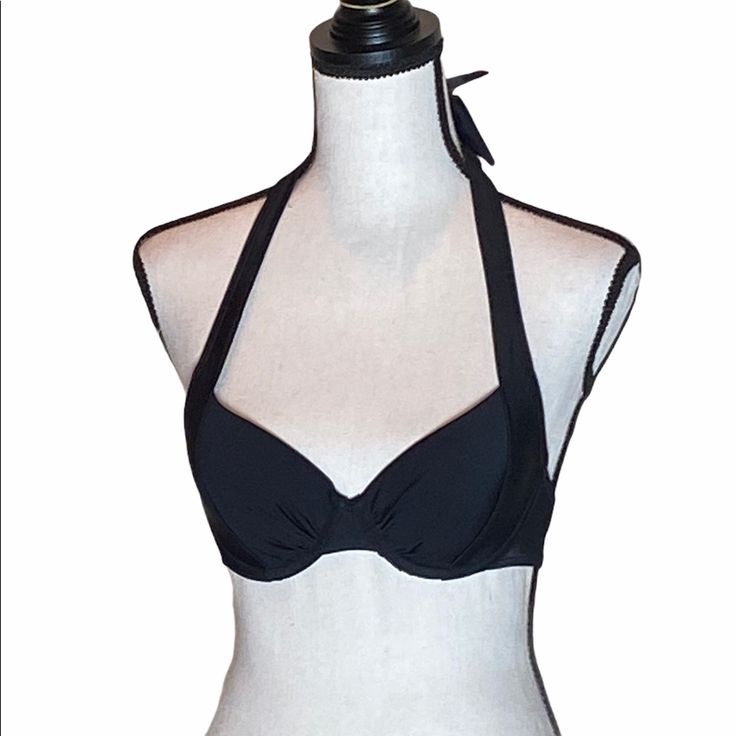 Adore Me Black Halter Bikini Top In Size 32b Adjustable Black Halter Top For Swimming, Elegant Black Halter Top For Poolside, Fitted Black Padded Swimwear, Elegant Black Halter Top For Beach, Black Triangle Top Lined Swimwear, Black Lined Triangle Top Swimwear, Fitted Underwire Halter Top For Sunbathing, Fitted Underwire Halter Top For Beach Season, Fitted Halter Top With Padded Cups For Beach Season