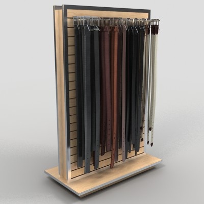 a display case with many different types of ties on the wall and in it is a wooden stand that holds several pairs of scissors