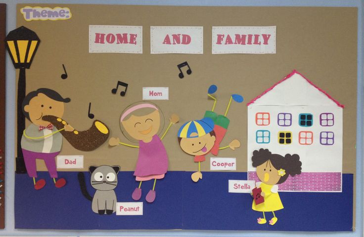 a bulletin board with children playing music and other things on the wall in front of them