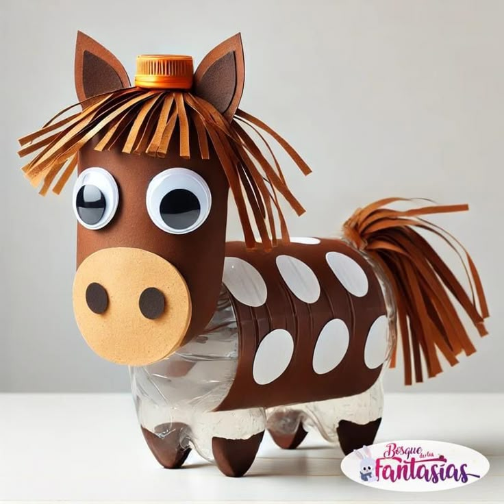 a brown and white horse made out of toilet paper with eyes on it's head