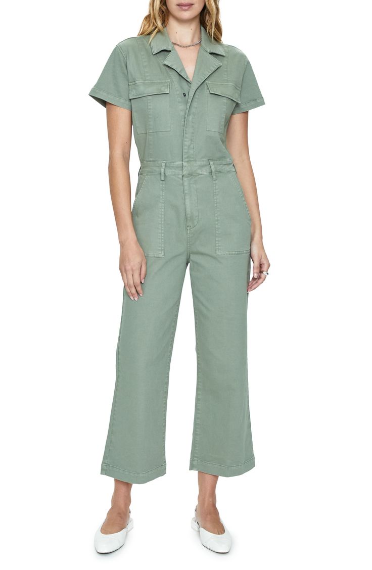 Work the weekend in a verdant jumpsuit cut from stretch-kissed cotton and popped with plenty of pockets. Snap half-placket Notched lapels Short sleeves Chest flap-patch pockets; front patch pockets; back flap-patch pockets 98% cotton, 2% spandex Machine wash, dry flat Imported Fitted Cotton Denim Jumpsuit With Side Pockets, Short Sleeve Cotton Jumpsuits And Rompers For Fall, Cotton Short Sleeve Jumpsuits And Rompers For Fall, Spring Short Sleeve Jumpsuits And Rompers With Side Pockets, Fitted Jumpsuits And Rompers With Patch Pockets For Spring, Green Utility Jumpsuits And Rompers For Spring, Denim Jumpsuit With Side Pockets For Work, Green Short Sleeve Jumpsuits And Rompers For Work, Spring Workwear Overalls With Patch Pockets