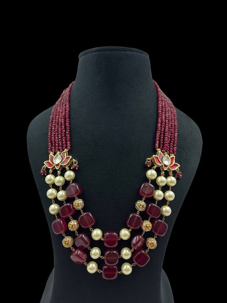 Very Gorgeous and elegant Polki stone Necklace with  Matching  Earrings Versatile. Can be  paired with number of outfits. Perfect to wear at weddings occasions. Highest quality and craftsmanship Please let me know if you have any questions Festive Kundan Pearl Necklace For Party, Handmade Kundan Necklace For Reception And Festivals, Bollywood Style Round Beads Jewelry For Reception, Elegant Necklace For Puja And Festive Occasions, Elegant Festive Necklace For Puja, Handmade Necklaces For Receptions And Festivals, Elegant Mala With Stone Work For Festivals, Traditional Handmade Jewelry For Reception, Handmade Temple Jewelry For Reception