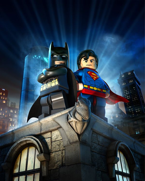 the lego batman movie poster with superman and catwoman on it's shoulders, in front of a cityscape