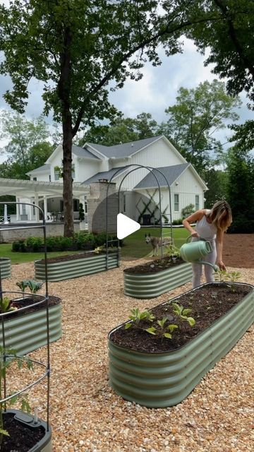 a woman is watering her garden in the middle of a graveled area with raised beds