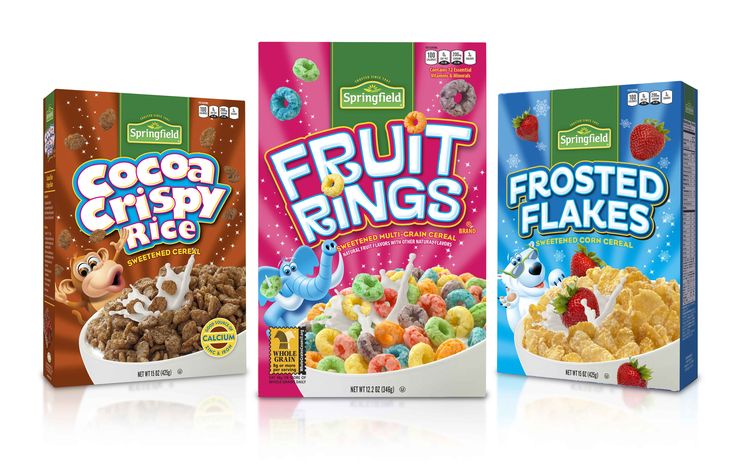 three bags of fruit rings cereal are shown