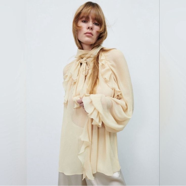 - Stunning Top - Brand New / Never Worn! - Can Be Styled Up Or Down :) Chic Beige Winter Blouse, Chic Winter Blouse For Day Out, Chic Cream Winter Blouse, Chic Winter Blouse By Zara, Chic Zara Blouse For Winter, Zara Ruffle Top, Bow Shirts, Stunning Tops, Poplin Top