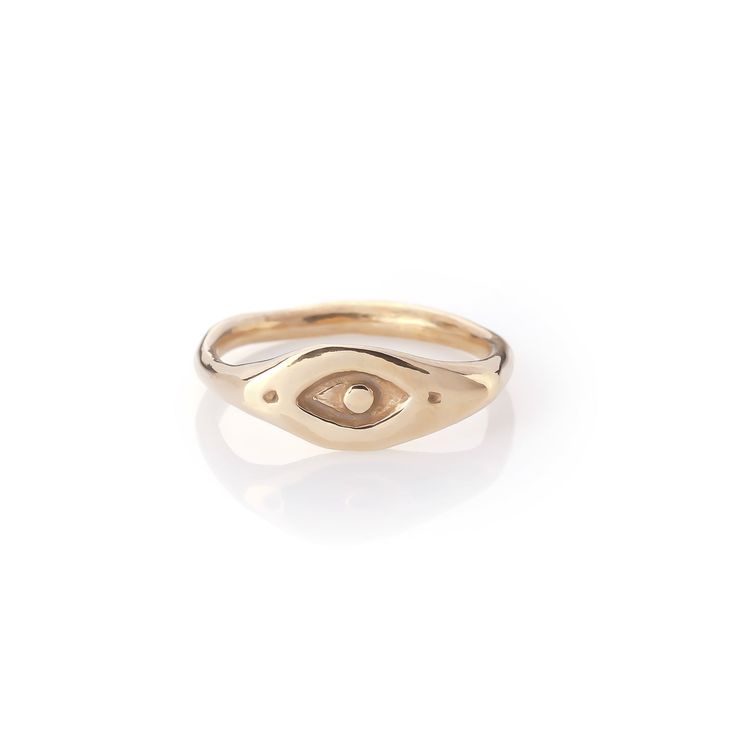 Evil Eye Amulet Ring | For protection and wellbeing. This ancient symbol has origins going all the way to 3000 BCE and it is believed when a person wears or carries an evil eye with them, it guards against misfortune happening in one's life and brings good luck and protection from any ill-will that could otherwise have a negative effect on a persons well-being in general. DETAILS & SIZE Composition | vailable in nickel free Bronze, 925 Sterling Silver or Gold Measurement | 2mm width at the back Amulet Ring, Evil Eye Amulet, Bronze Jewelry, Evil Eye Ring, Ancient Symbols, Eye Ring, Sustainable Jewelry, 10k Gold, Sterling Ring