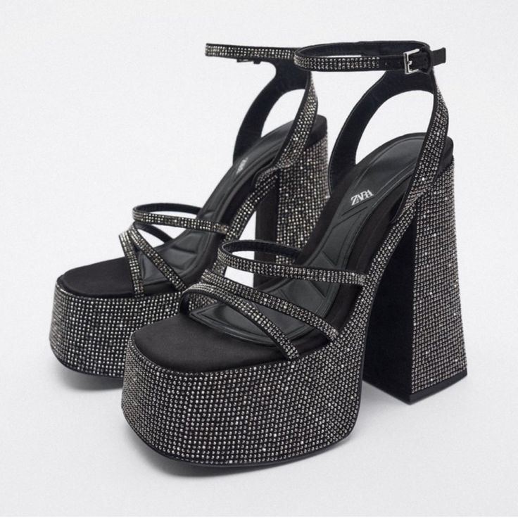 Statement Shoes Covered In Rhinestones Size 10 Just As Seen In Pictures Black Platform Sandals Glamorous Style, Zara Luxury Party Heels, Zara Luxury Heels For Party, Zara Black Party Heels, Zara Ankle Boots, Woven Leather Sandals, Leopard Print Sandals, Rhinestone High Heels, Zara Heels