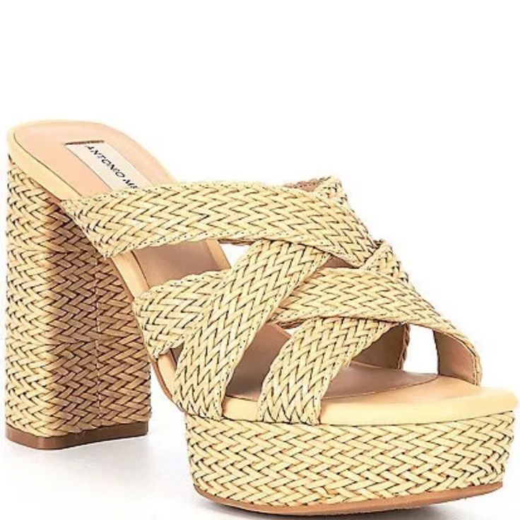 Beautiful Antonio Melani Raffia Braided Basket Weave Strap Sandals With Platform & Block Heel Brand New Without Box Size 9.5 Color Natural Criss Cross Braided Straps 1" Raffia Covered Platform 4.25" Raffia Covered Block Heel Chic Straw High Heels, Beige Straw High Heels, Formal Sandals With Woven Sole And Block Heel, Elegant Closed Toe Heels For Vacation, Chic Straw High Heel Sandals, Chic Straw Open Toe Heels, Straw Sandals With Stacked Heel And Round Toe, Chic Straw Sandals With Round Toe, Chic Straw Block Heel Shoes