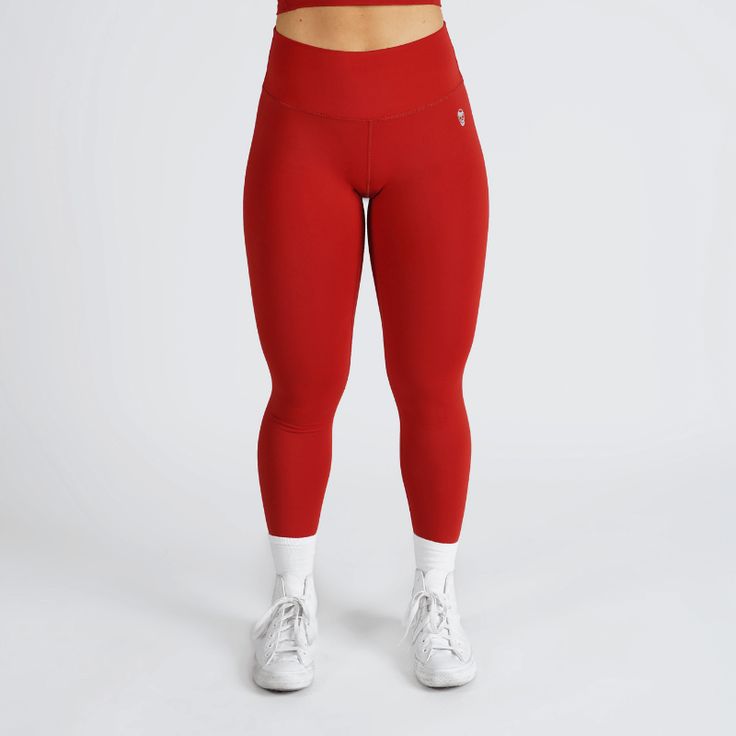 mid rise leggings Compressive Squat Proof Sportswear Tights, Compressive Squat Proof Tights For Training, Compressive Squat Proof Tights For Gym, Compressive Squat Proof Gym Tights, Red Compressive Elastane Leggings, Red Elastane Activewear For Gym, Red Elastane Activewear For Sports, Functional Red Activewear With Light Support, Red Micro-elastic Yoga Pants For Workout