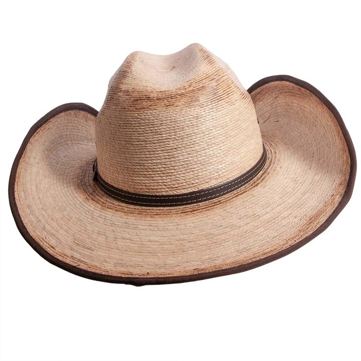 One of our newest cowboy designs, the Lucas features a wide flipped brim, eyelits for ventilation, and a gorgeous leather hat band Womens Straw Cowboy Hat, Straw Cowgirl Hat, Mexican Palm, White Cowboy Hat, Brown Cowboy Hat, Hats For Big Heads, Leather Cowboy Hats, American Hat Makers, Black Cowboy Hat