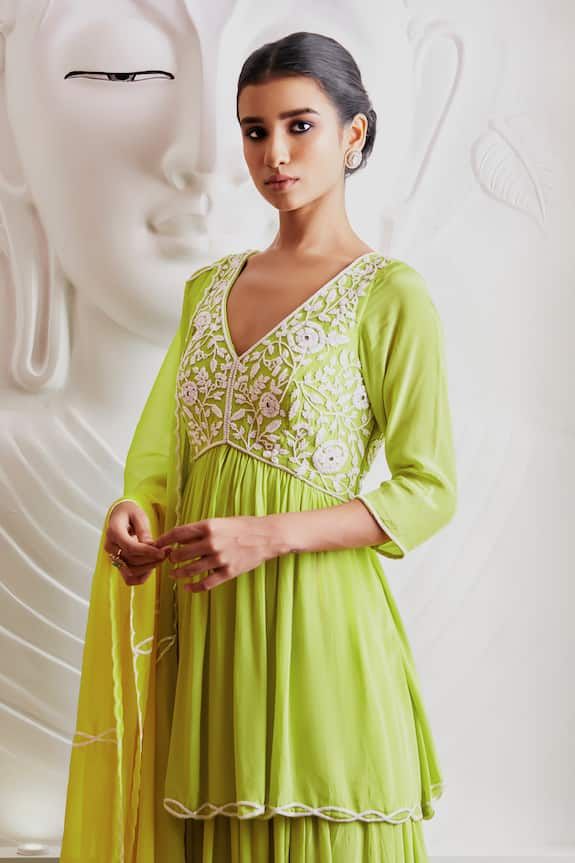 Parrot green crepe padded kurta with cutdana hand embroidery. Comes with pleated palazzo and an organza dupatta. - Aza Fashions Embroidered Pista Green Floor-length Palazzo Set, Embroidered Floor-length Green Palazzo Set, Green Embroidered Maxi Sets, Green Georgette Kurta For Party, Pista Green Georgette Dupatta, Green Chikankari Embroidery Maxi Kurta, Green Embroidered Georgette Sharara, Green Georgette Sets For Festivals, Green Maxi Length Kurta With Chikankari Embroidery