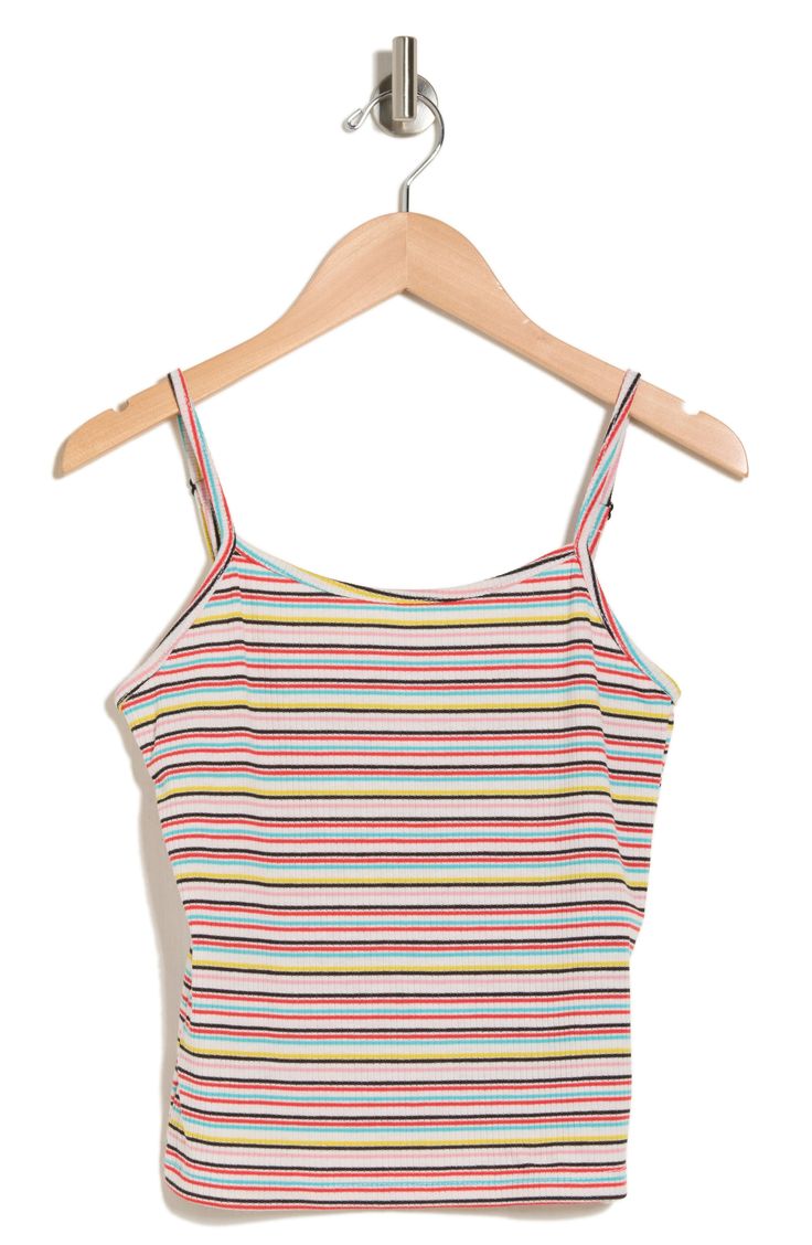 Horizontal stripes lend summertime charm to this soft and stretchy cami that's sure to be a go-to on warmer days. Scoop neck Adjustable straps 80% polyester, 16% rayon, 4% spandex Machine wash, dry flat Made in the USA of imported fabric Summer Striped Ribbed Tops, Striped Ribbed Cotton Tank Top, Trendy Striped Stretch Tank Top, Striped Ribbed Tank Top, Striped Fitted Tank Top With Tank Straps, Striped Fitted Tops With Tank Straps, Fitted Striped Tops With Tank Straps, Striped Stretch Tank Top For Summer, Spring Sleeveless Tank Top With Vertical Stripes