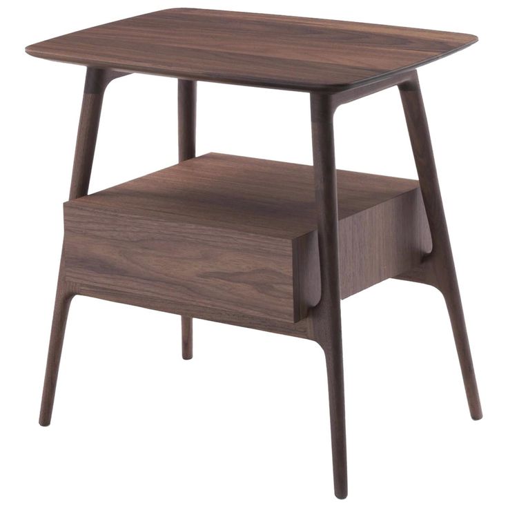 an end table with two drawers on one side and a shelf underneath the top that is made of wood