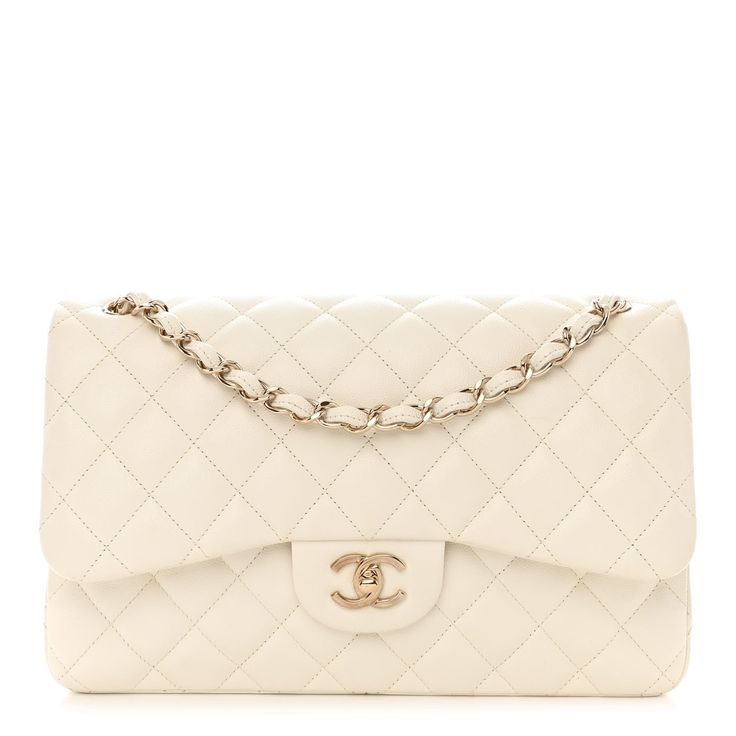 This is an authentic CHANEL Caviar Quilted Jumbo Double Flap in White. This stunning large flap bag is finely crafted of diamond quilted luxurious caviar leather in white. The handbag features gold chain-link shoulder straps threaded with leather, a facing flap, and a Chanel CC turn lock. This opens to an inner flap and a matching leather interior with patch pockets. 1386832 Classic White Double Flap Bag, White Evening Bag With Double Flap, White Double Flap Evening Bag, White Double Flap Formal Bags, Elegant White Quilted Bag, White Quilted Bag For Formal Occasions, Classic White Wedding Bag, Elegant Gold Bag With Double Flap, Elegant Quilted Bags For Formal Occasions