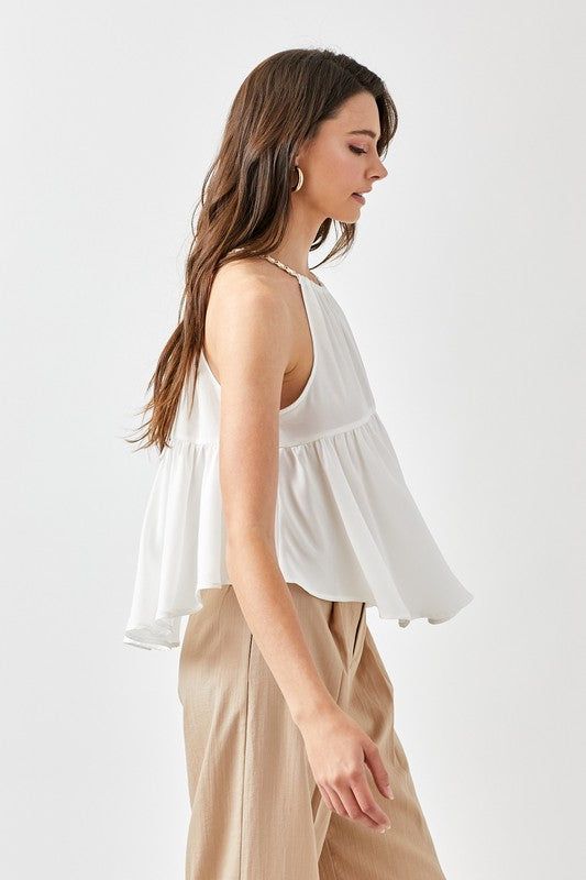 WOVEN TOP Size + Fit - Model is wearing size S - Measurements taken from size S - 5'9" / 175CM - 32-24-34 Pleated Satin Dress, Flared Top, Trousers Details, Flare Top, Women Halter, Halter Neck Top, Woven Top, Halter Neckline, Sheer Fabrics