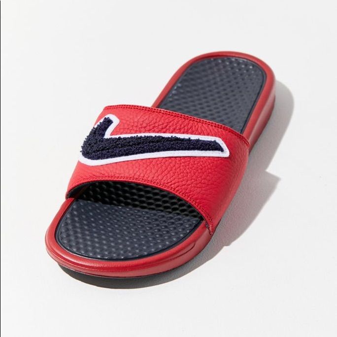 Nike Benassi Jdi Chenille Red Slides Mens Size 8 Uk Size 7 New With Tags Out Of Stock Everywhere Comfortable Red Sneakers For Spring, Sporty Slides With Red Sole And Round Toe, Red Cushioned Slides For Streetwear, Comfortable Red Sneakers, Comfortable Red Flat Sneakers, Comfortable Flat Red Sneakers, Red Slides With Rubber Sole And Round Toe, Red Casual Sneakers With Cushioned Footbed, Casual Red Sneakers With Cushioned Footbed