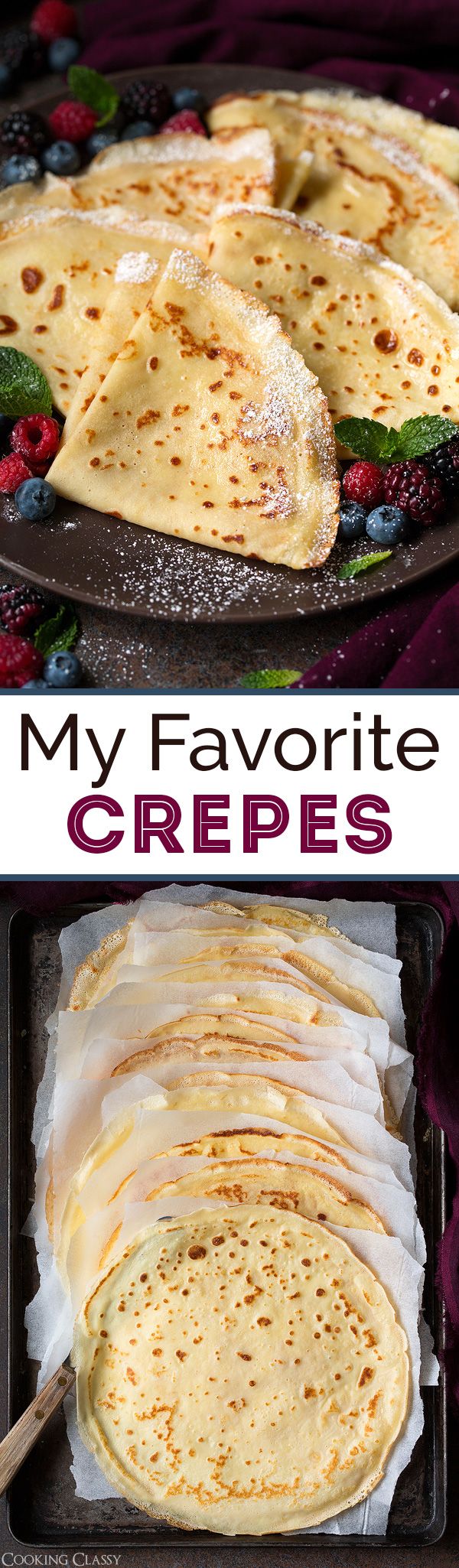 this is an image of some crepes on a pan with the words, my favorite crepes