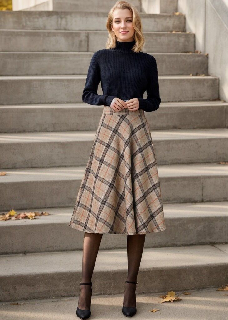 The skirt is very warm and cozy in wool, with a mid-length that hits just at mid-calf and an A-line fit as well as just the right amount of plaid. ★★ FEATURES * 30% wool, 30% fiber, 40% polyester * Polyester lining * Two side seam pockets * Right zipper closure * back little elastic band * Plus size full skirt * A Line Skirt * Perfect for Winter, autumn * Dry clean ★★ The model is 170 cm (5′ 7″) tall with a 80 cm (31.5") bust, 66 cm (26") waist. She is wearing the plaid wool skirt in size XS. ★★ Bespoke Order Service If you Request other color Request the length Your height is not between 155 cm- 172 cm Your weight is over 75 kg I can do it for you, It will need some extra fee depending on on your need. Contact with me for more detail. ★★ Get your size in Size Chart with your body measurem Cool Winter Fall Outfits, Wool Skirt Outfit Fall, Vintage Wool Skirt Outfit, Women Fall Casual Outfits, Professional Christmas Outfits, Vintage A Line Skirt, 1950 Fall Fashion, Library Chic Fashion, Plaid Skirt Outfit Work