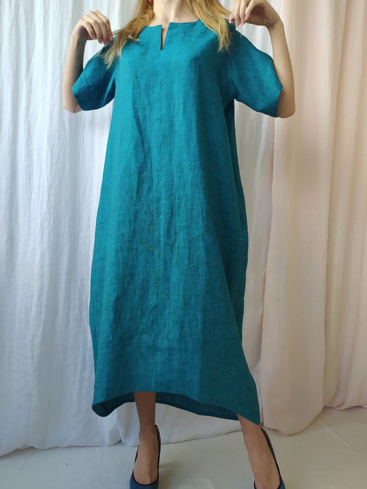 "Linen dress for women, it's elegant, minimalist, and is sure to compliment every occasion, from formal gatherings to outings with friends. Made from 100% European flax, length in front is ± 120 cm(47\"), on back 138 cm(54\") Before placing an order, check the approximate measurements given below. If you are unsure about your size or would like to adjust the length of the item, you could leave your personal measurements (height, bust, waist and hips) in a personalization box. SIZE and FIT Size X Bohemian Dresses With Pockets, Bohemian Linen Dress With Relaxed Fit, Bohemian Relaxed Fit Linen Dress, Relaxed Fit Bohemian Linen Dress, Solid Color Bohemian Linen Dress, Solid Color Linen Bohemian Dress, Bohemian Relaxed Fit Unlined Dress, Relaxed Fit Unlined Dresses For Loungewear, Relaxed Fit Lounge Dress