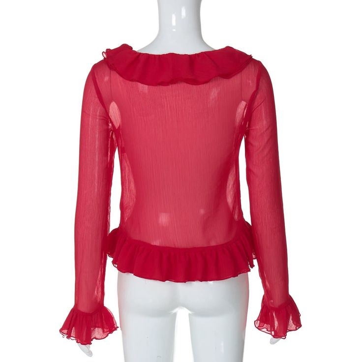 Please refer to our sizing chart for a guideline when choosing a size. 5 business days order processing time. 90% polyester 10% spandex Fitted Blouse With Ruffle Hem And Sleeves, Trendy Party Blouse With Ruffle Hem, Fitted Solid Blouse With Ruffles, Long Sleeve Party Top With Ruffle Hem, Party Long Sleeve Top With Ruffle Hem, Party Tops With Ruffle Hem And Long Sleeves, Elegant Red Ruffled Blouse, Red Chiffon V-neck Blouse, Trendy Fitted Tops With Ruffle Hem