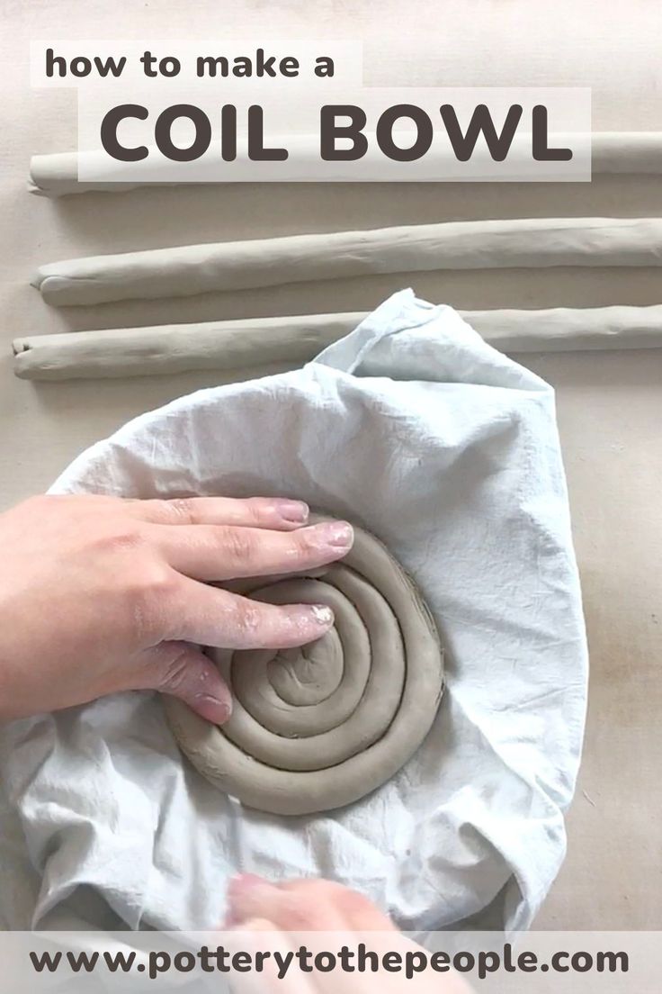 someone is making a bowl out of clay and white paper with the words how to make a coil bowl on it