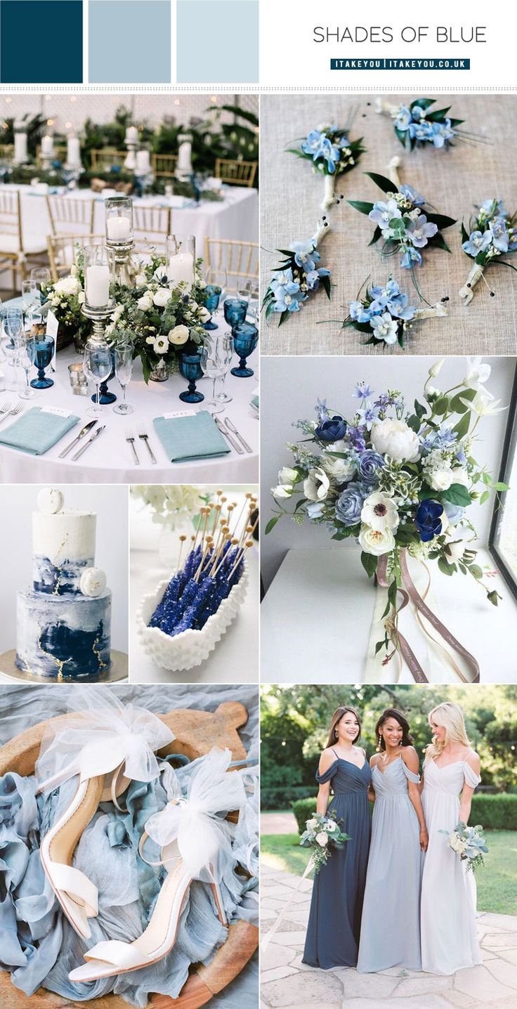 blue and white wedding color palettes for the bride's bouquet, flowers, and cake