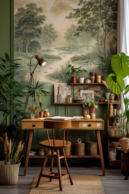 a room with a desk, potted plants and a painting on the wall behind it