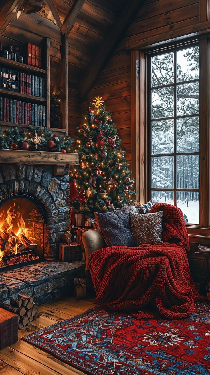 a living room with a christmas tree and fire place