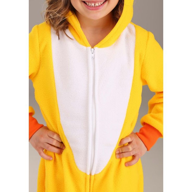 Your child will be ready for a rainy day, a Halloween celebration, or a cozy cuddle in bed when they have this Toddler Yellow Duck Onesie! This fleece jumpsuit zips down the front and has orange rib knit cuffs at the wrists and ankles. The hood has an adorable duck face on it, and the back of the onesie even has a small duck tail! Cute Yellow Long Sleeve Onesie, Playful Yellow Long Sleeve Onesie, Playful Long Sleeve Yellow Onesie, Yellow Long Sleeve Cotton Onesie, Playful Hooded Onesie For Sleepovers, Playful Yellow Onesie For Loungewear, Cute Yellow Onesie For Loungewear, Cute Yellow Onesie For Playwear, Playful Long Sleeve Onesie For Costumes