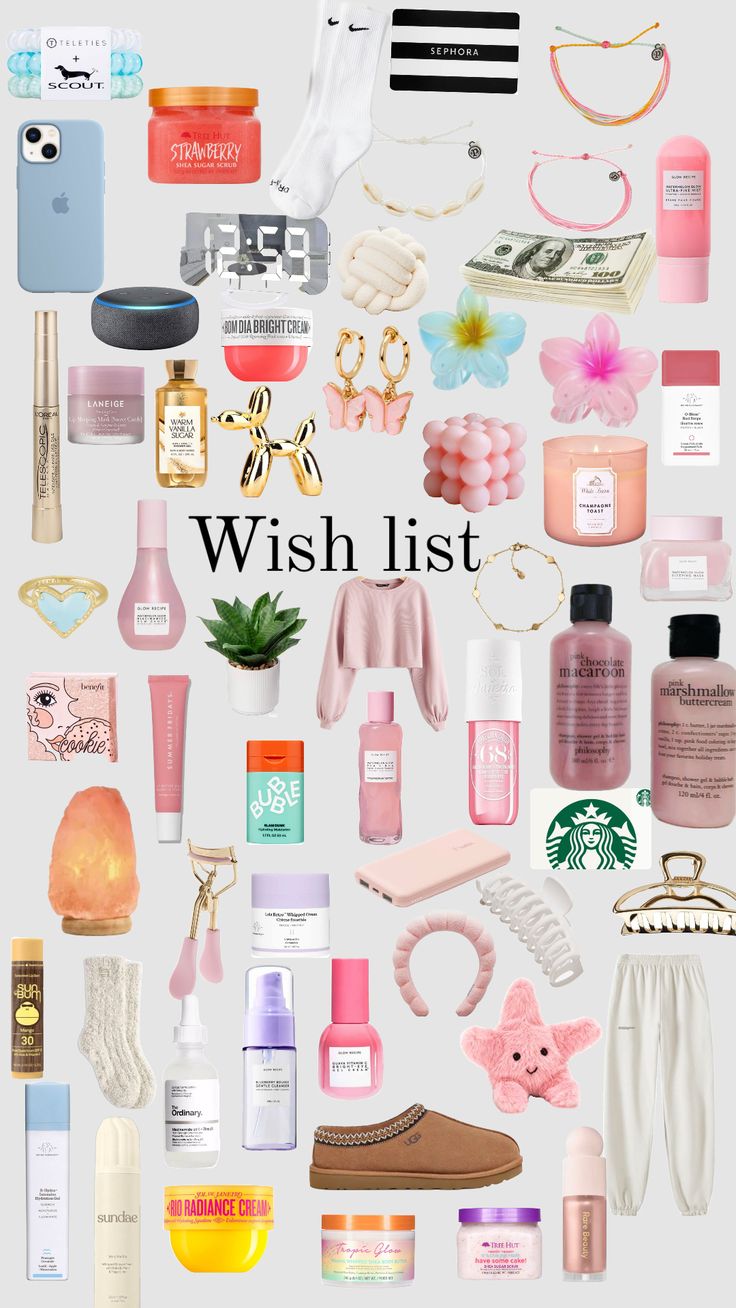 the words wish list are surrounded by many different items and cosmetics products, including perfumes