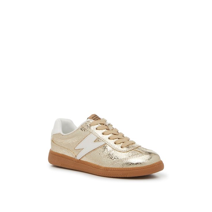 Steve Madden-Trio Sneaker - Kids' The Trio sneakers from Steve Madden are sure to become a staple in little trendsetters' closets. The shimmering gold hue adds a touch of glam, while the sporty silhouette will keep them comfortable Not sure which size to order? Click here to check out our Kids’ Measuring Guide! For more helpful tips and sizing FAQs, click here . Gold High-top Sneakers With Perforated Toe Box, Trendy Gold Low-top Sneakers, Casual Gold Lace-up Sneakers, Metallic Low-top Sneakers For Spring, Gold Low-top Sneakers For Spring, Spring Metallic Low-top Sneakers, Metallic Sneakers With Round Toe For Spring, Sporty Gold Sneakers For Spring, Spring Metallic Sneakers With Round Toe