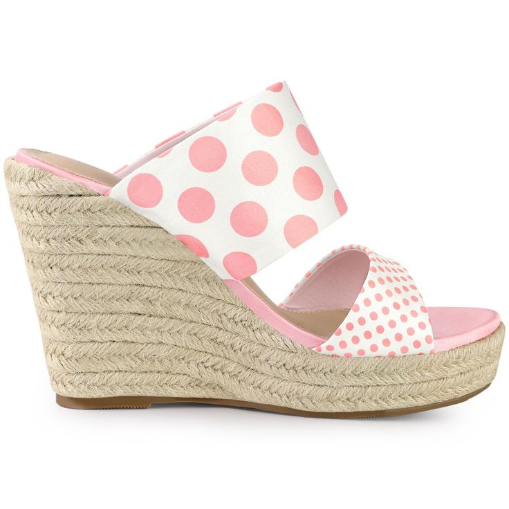 A polka-dot espadrille wedge adds leg-lengthening height to the chic platform slide sandals. Wear these sandals with your denim pants, and shorts. Adding a silk scarf is also a good choice for the beach. They are perfect for going to work or going out, and pair them with your favorite dresses, or skirts for a chic look. Polka Dot High Heel Sandals For Spring, Spring High Heel Sandals With Polka Dot Pattern, Pink Espadrille Wedge Sandals For Summer, Slip-on Platform Wedge Espadrille Sandals, Summer Pink Espadrille Wedge Sandals, Pink Platform Wedge Heel Espadrilles, Pink Platform Espadrilles With Wedge Heel, Pink Open Toe Espadrille Sandals, Pink Open Toe Platform Espadrilles