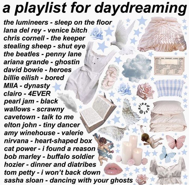 a playlist for daydreaming is shown in white and blue with pink accents