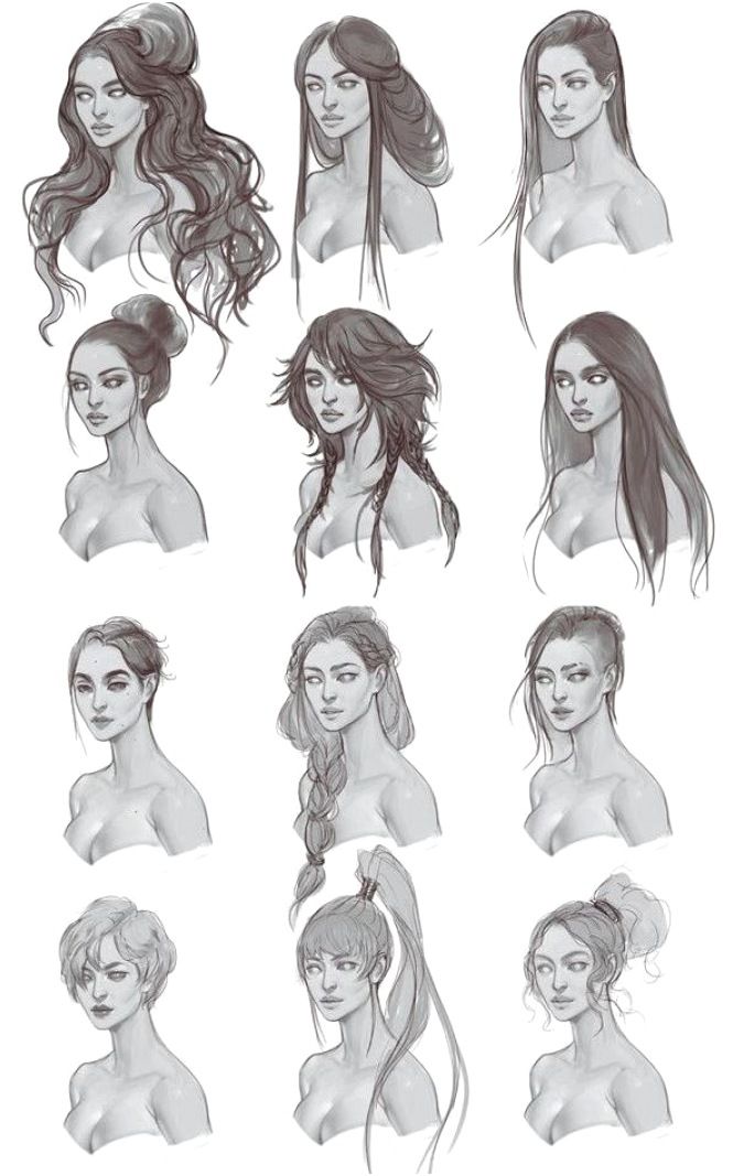 the different hairs styles for women with long hair and no bras are shown in this drawing