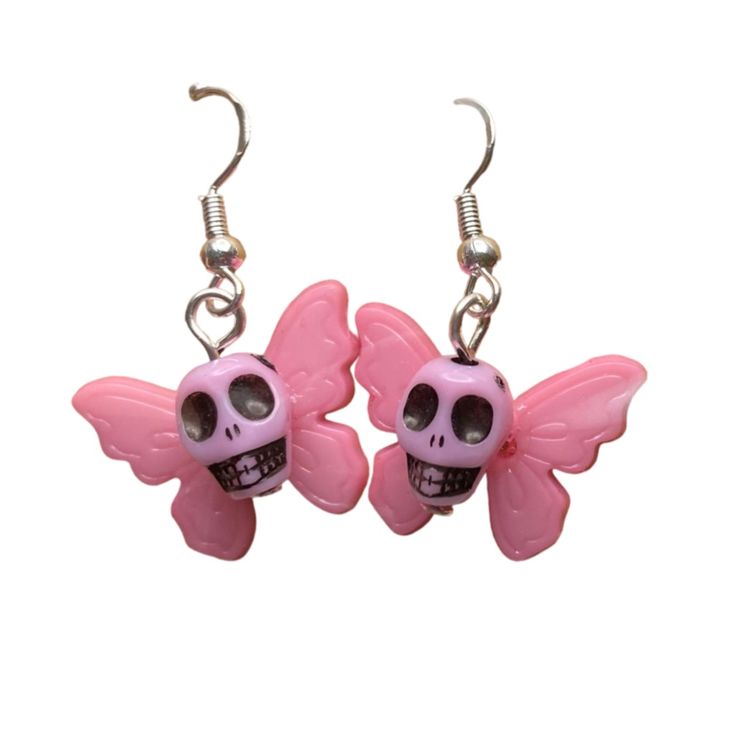 Add On For $3 Handmade Skull Butterfly Earrings Ooak Pink Novelty Dangle Jewelry, Pink Dangle Jewelry For Halloween, Pink Skull Jewelry For Halloween, Handmade Pink Jewelry For Halloween, Pink Punk Halloween Jewelry, Pink Gothic Jewelry For Halloween, Handmade Pink Gothic Jewelry, Dream Accessories, Skull Butterfly